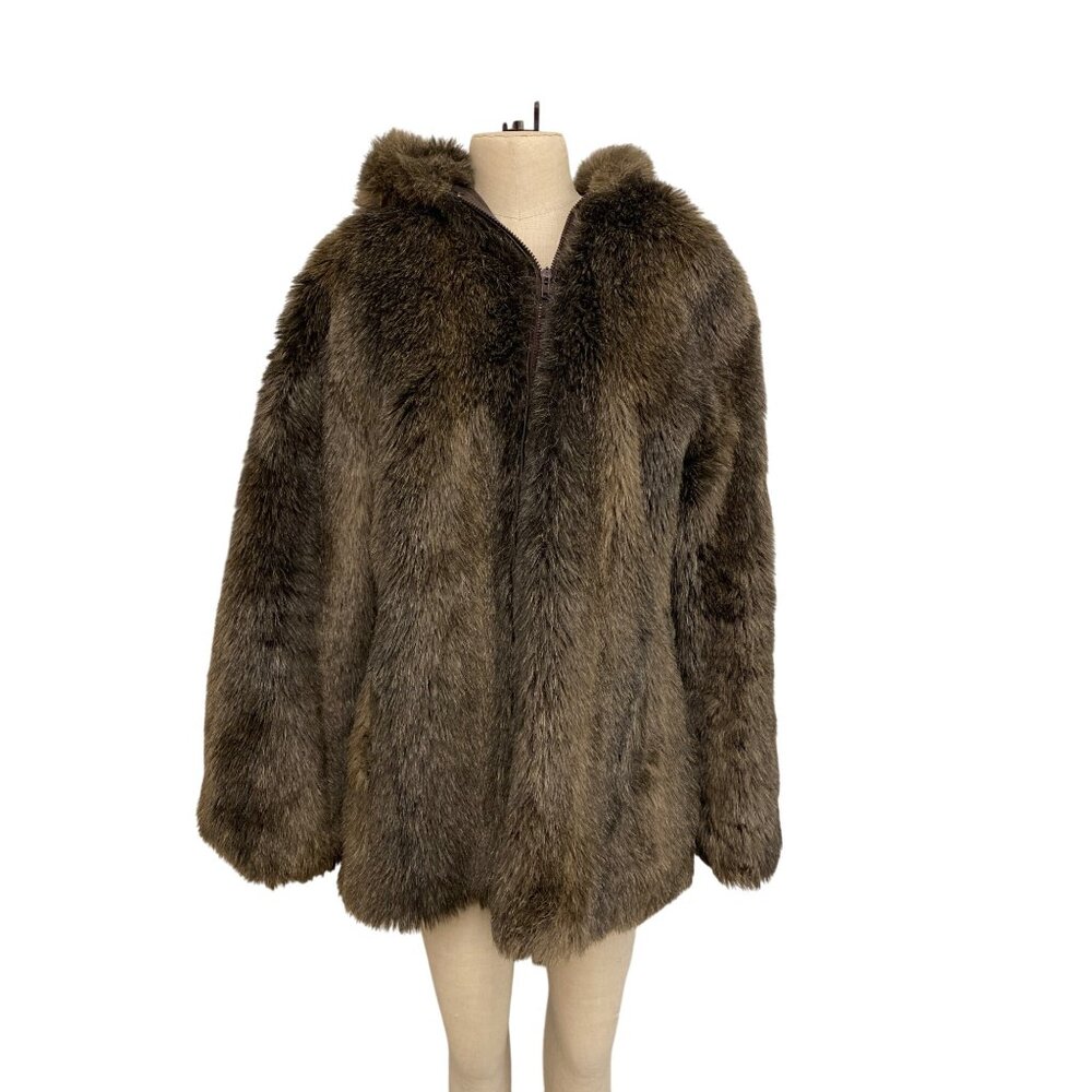 Vintage Sears Fashions Brown Faux Fur Hooded Coat With Zip Closure